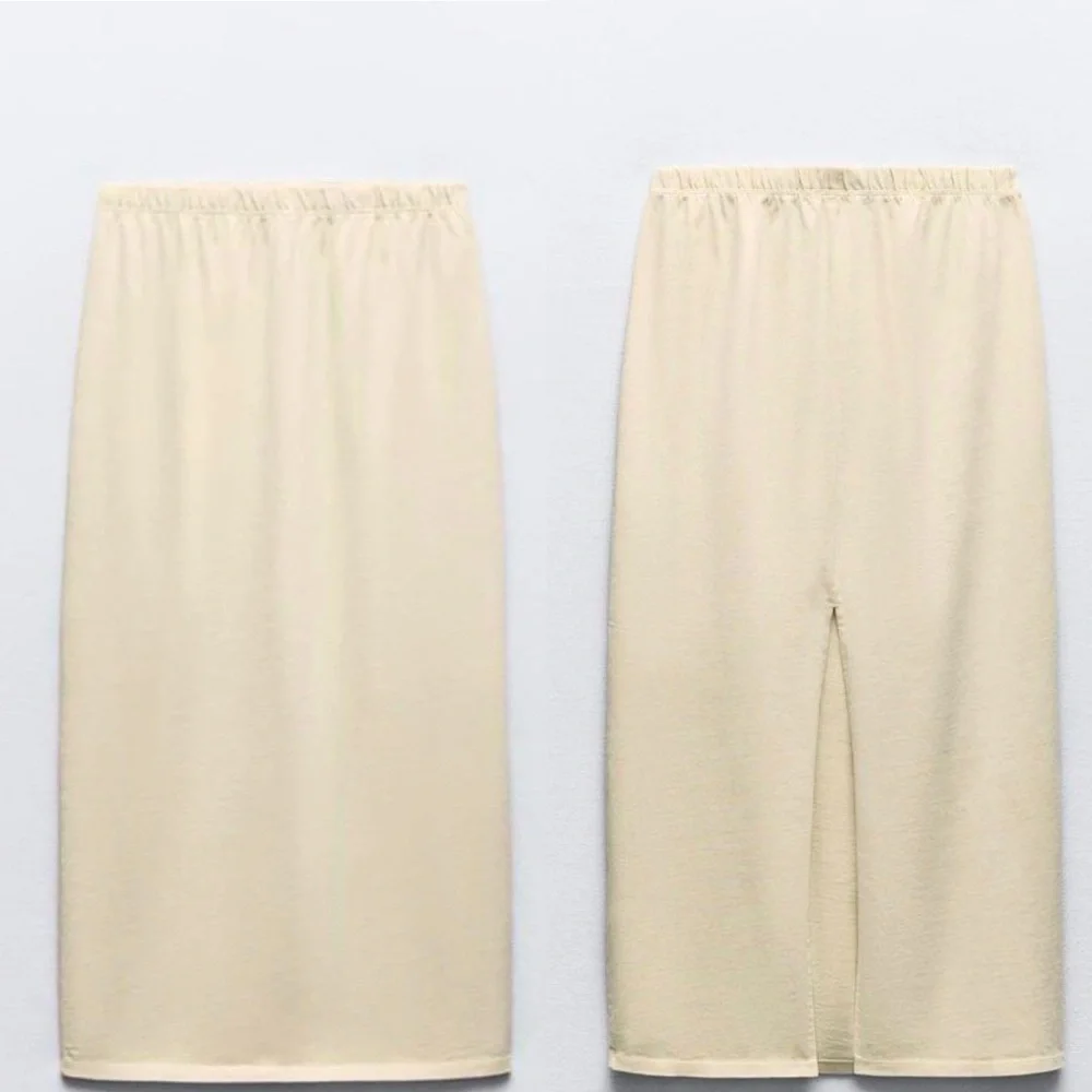 Zara NWT Butter Yellow thick 100% Cotton midi elastic waistband casual Skirt - Picture 1 of 5